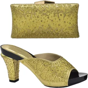 Womens Nigerian Crystal Clutch High Heels Purse for Wedding Party Italian Decorated with Rhinestone Bag and Shoes Set