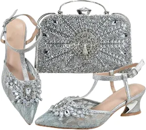 Womens Nigerian Designer Inspired Wedding Shoes and Purse Combo Rhinestone Accented High Heels for