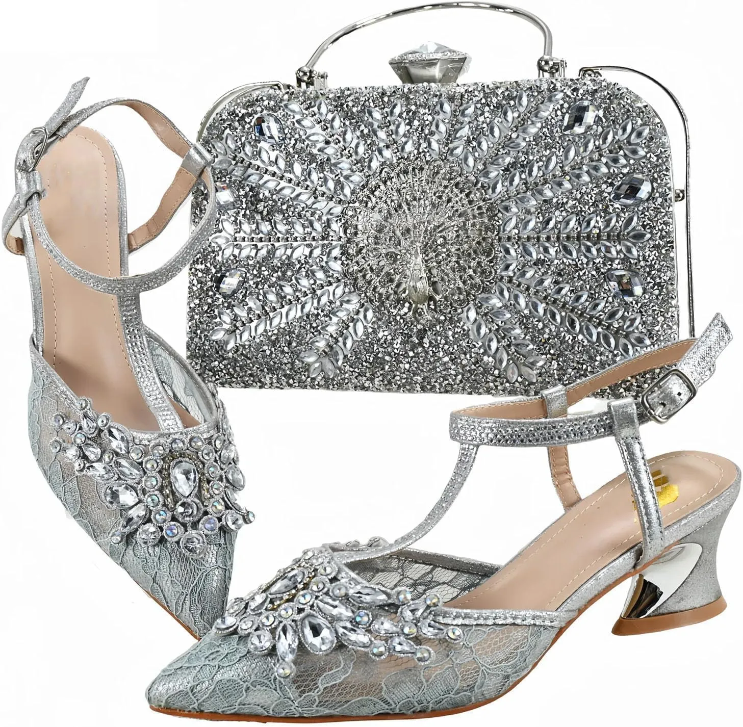Womens Nigerian Designer Inspired Wedding Shoes and Purse Combo Rhinestone Accented High Heels for
