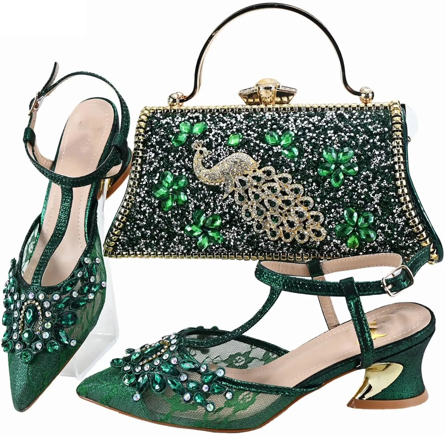 Womens Nigerian Designer Inspired Wedding Shoes and Purse Combo Rhinestone Accented High Heels for