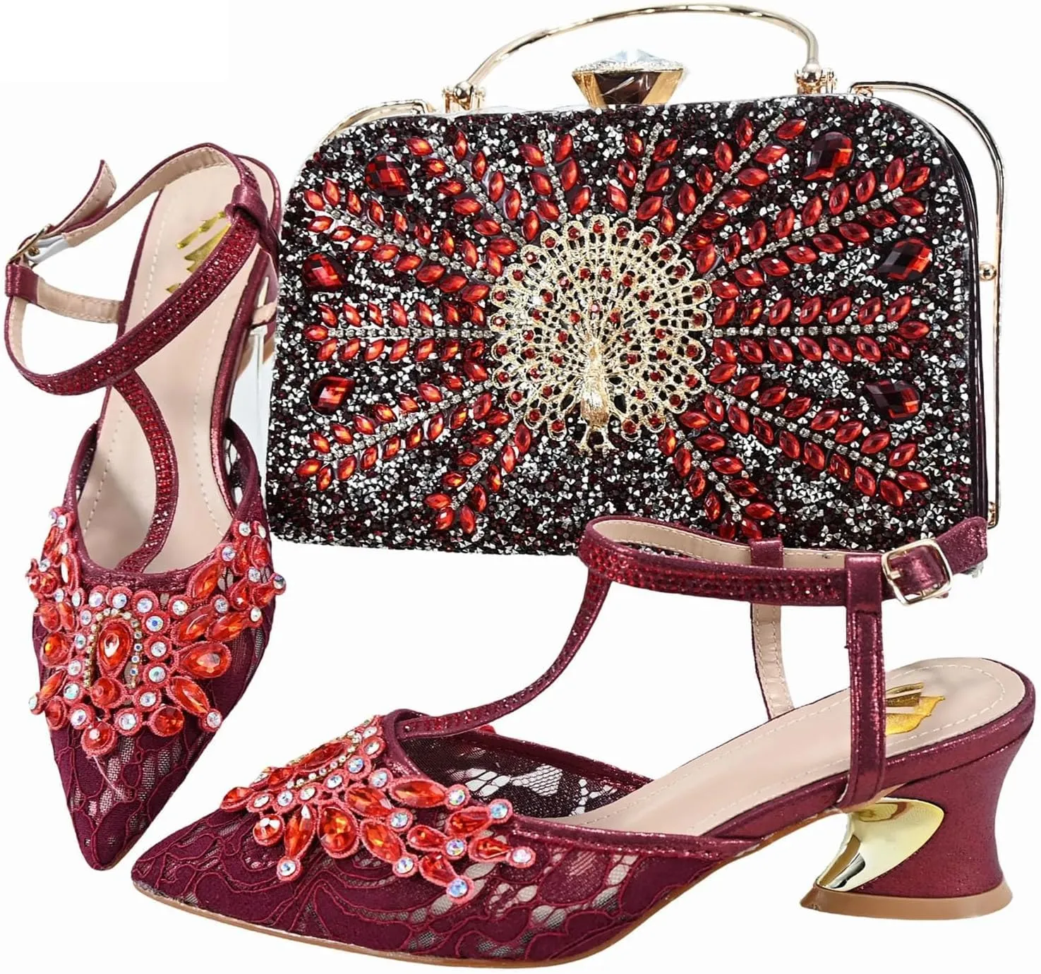 Womens Nigerian Designer Inspired Wedding Shoes and Purse Combo Rhinestone Accented High Heels for