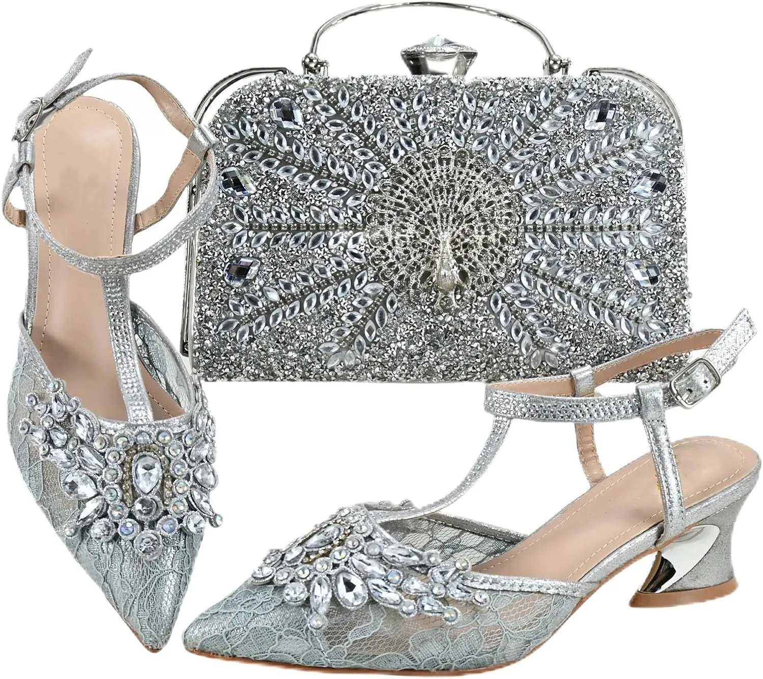 Womens Nigerian Designer Inspired Wedding Shoes and Purse Combo Rhinestone Accented High Heels for