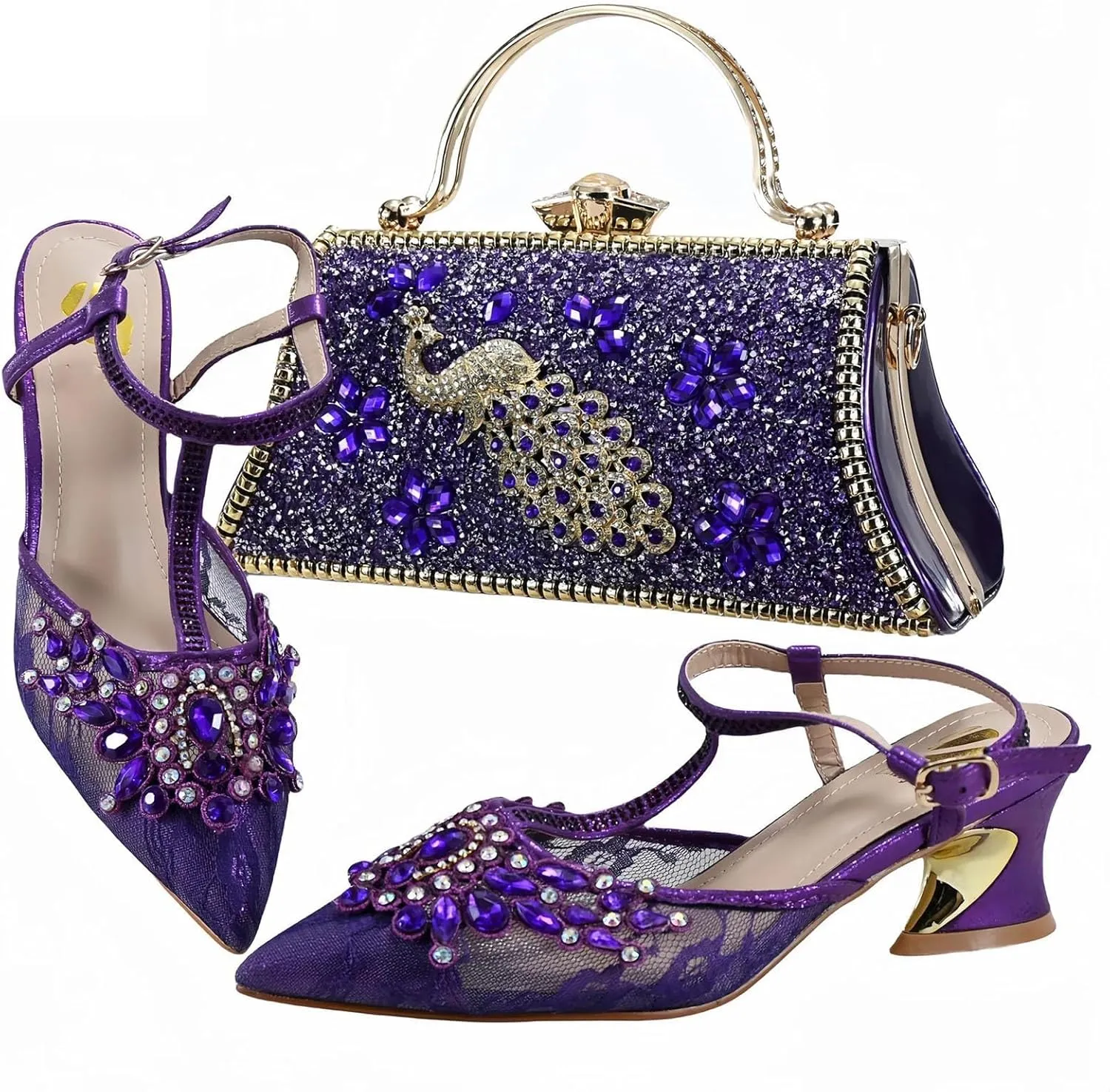Womens Nigerian Designer Inspired Wedding Shoes and Purse Combo Rhinestone Accented High Heels for