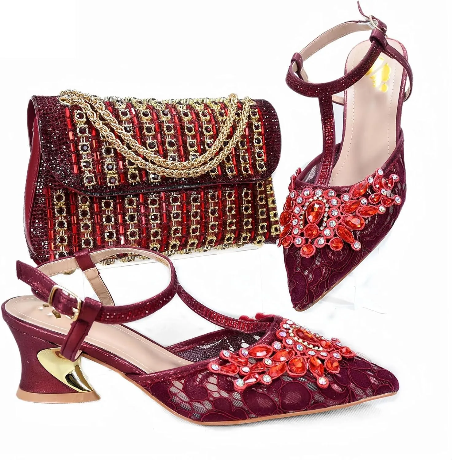 Womens Nigerian Designer Inspired Wedding Shoes and Purse Combo Rhinestone Accented High Heels for