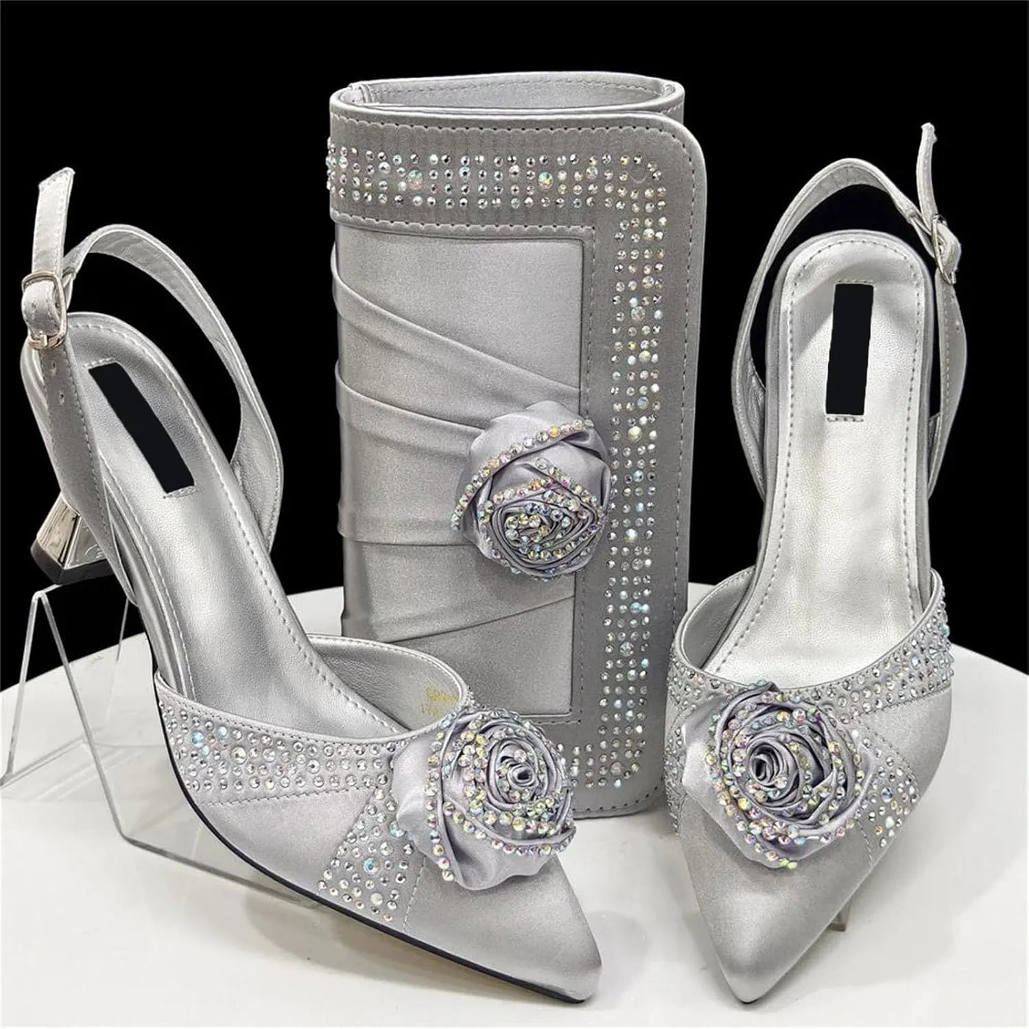 Womens Nigerian Designer Inspired Wedding Shoes and Shoulder Bag Combo Rhinestone Embellished Heels for