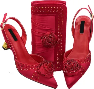 Womens Nigerian Designer Inspired Wedding Shoes and Shoulder Bag Combo Rhinestone Embellished Heels for