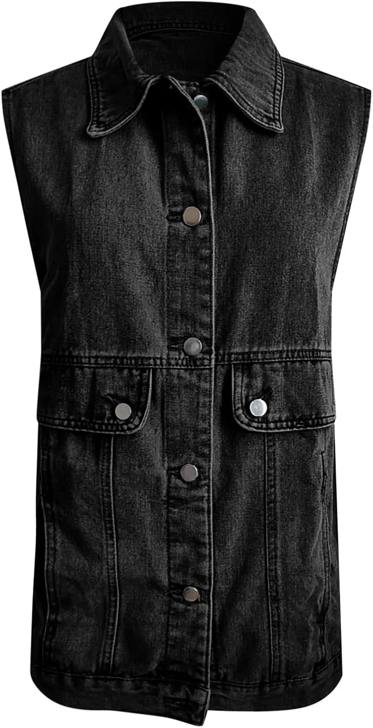 Women's Oversized Denim Vest 2024 Mid Long Jean Vest Distressed Sleeveless Denim Jacket Retro Boyfriend Denim Shacket