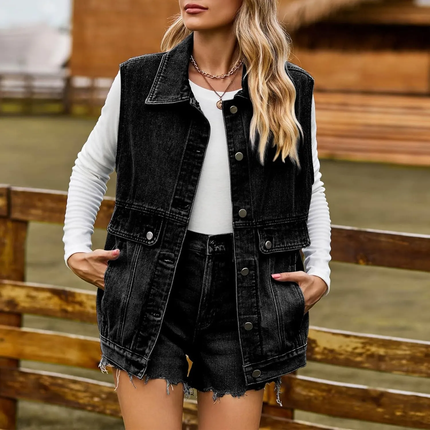 Women's Oversized Denim Vest 2024 Mid Long Jean Vest Distressed Sleeveless Denim Jacket Retro Boyfriend Denim Shacket
