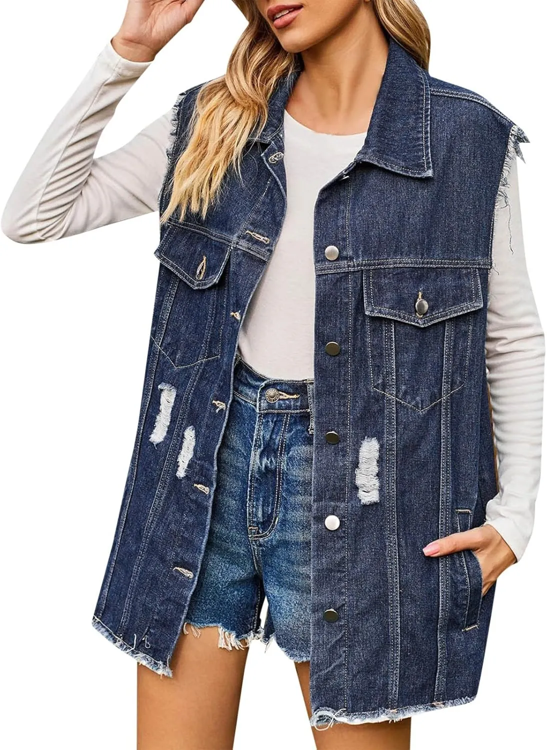 Women's Oversized Denim Vest 2024 Mid Long Jean Vest Distressed Sleeveless Denim Jacket Retro Boyfriend Denim Shacket
