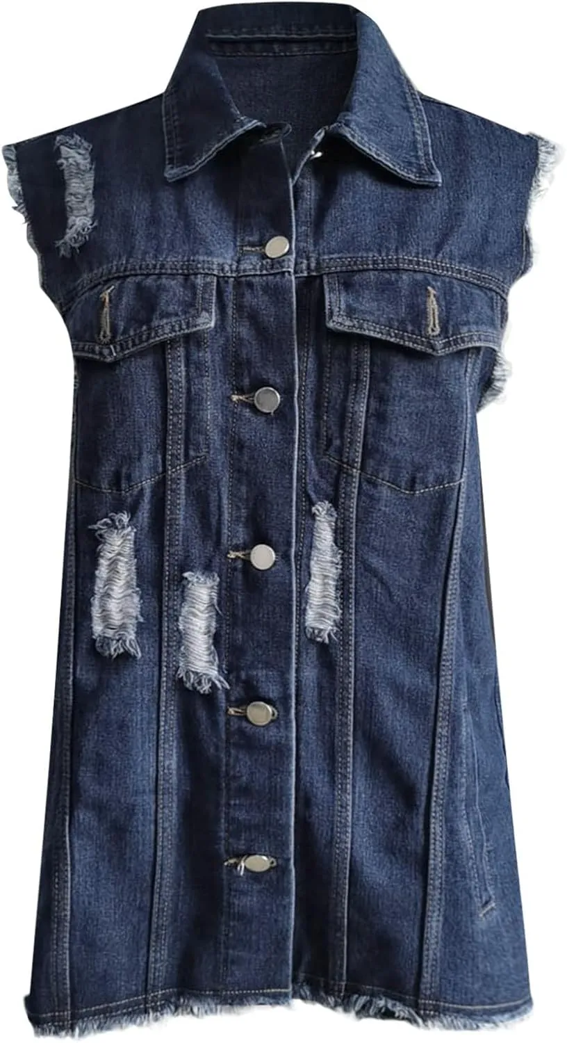 Women's Oversized Denim Vest 2024 Mid Long Jean Vest Distressed Sleeveless Denim Jacket Retro Boyfriend Denim Shacket