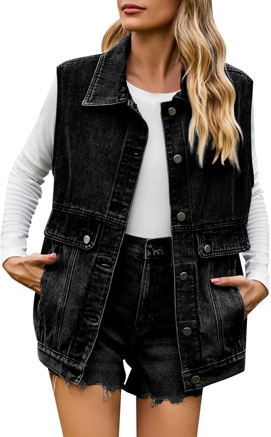 Women's Oversized Denim Vest 2024 Mid Long Jean Vest Distressed Sleeveless Denim Jacket Retro Boyfriend Denim Shacket