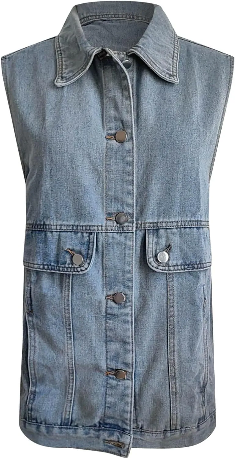 Women's Oversized Denim Vest 2024 Mid Long Jean Vest Distressed Sleeveless Denim Jacket Retro Boyfriend Denim Shacket