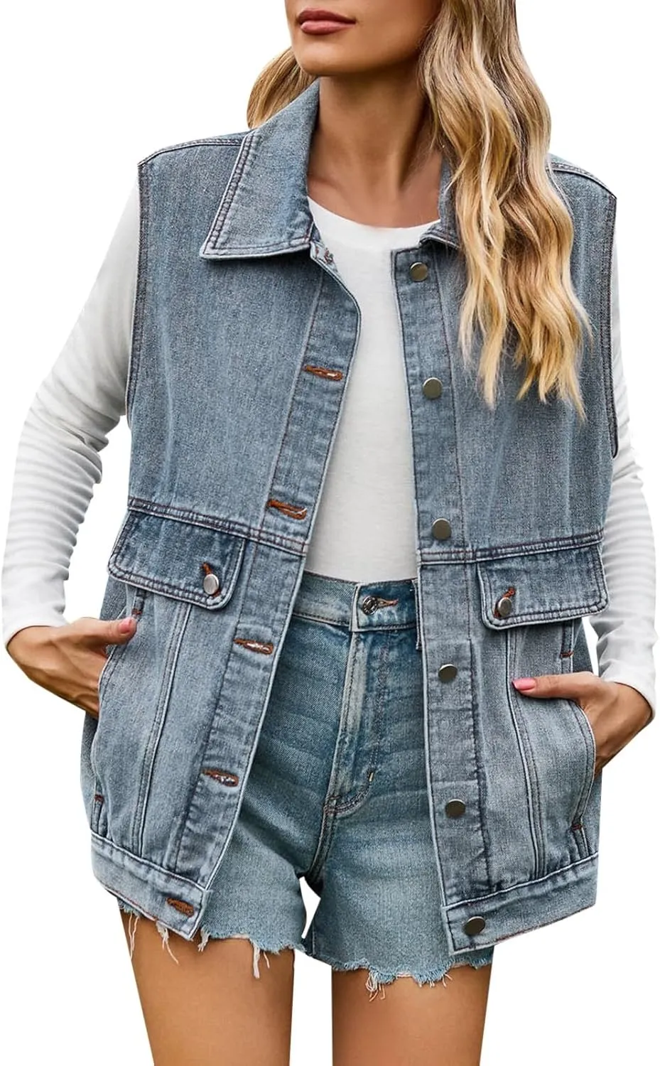 Women's Oversized Denim Vest 2024 Mid Long Jean Vest Distressed Sleeveless Denim Jacket Retro Boyfriend Denim Shacket