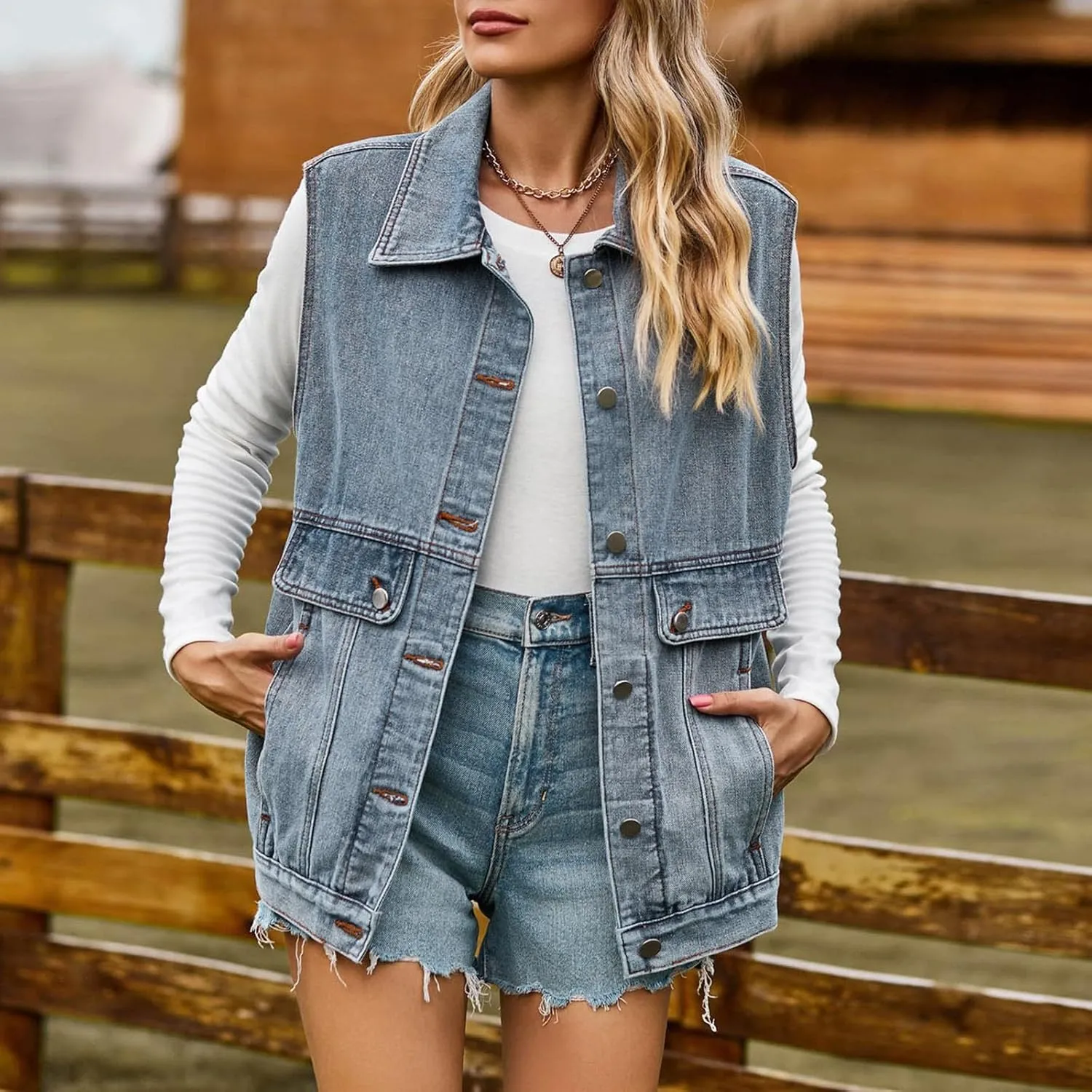 Women's Oversized Denim Vest 2024 Mid Long Jean Vest Distressed Sleeveless Denim Jacket Retro Boyfriend Denim Shacket