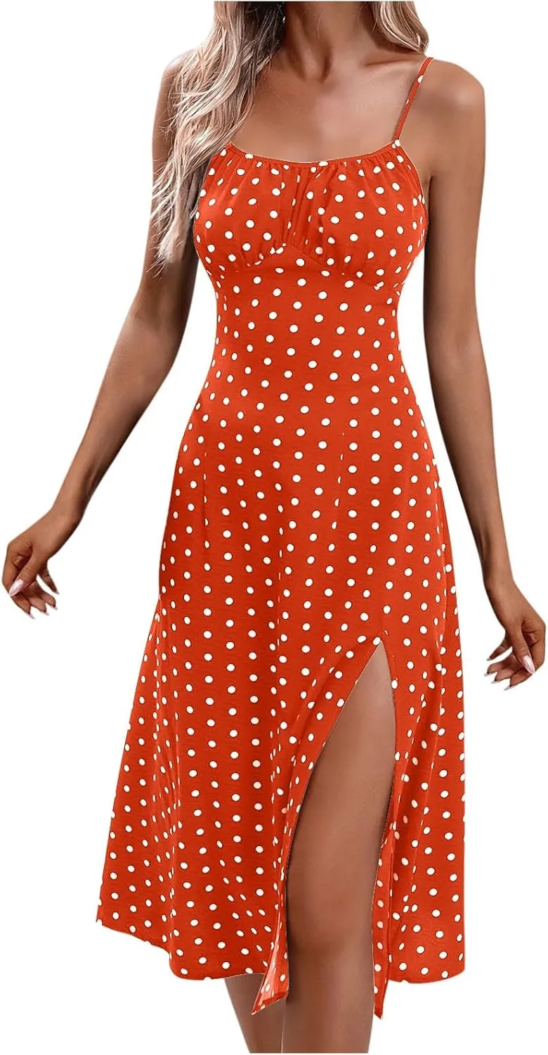 Womens Polka Dot High Split Midi Dresses Square Neck Spaghetti Strap Tie Halter Dress Summer Beach Y2k Sun Dresses