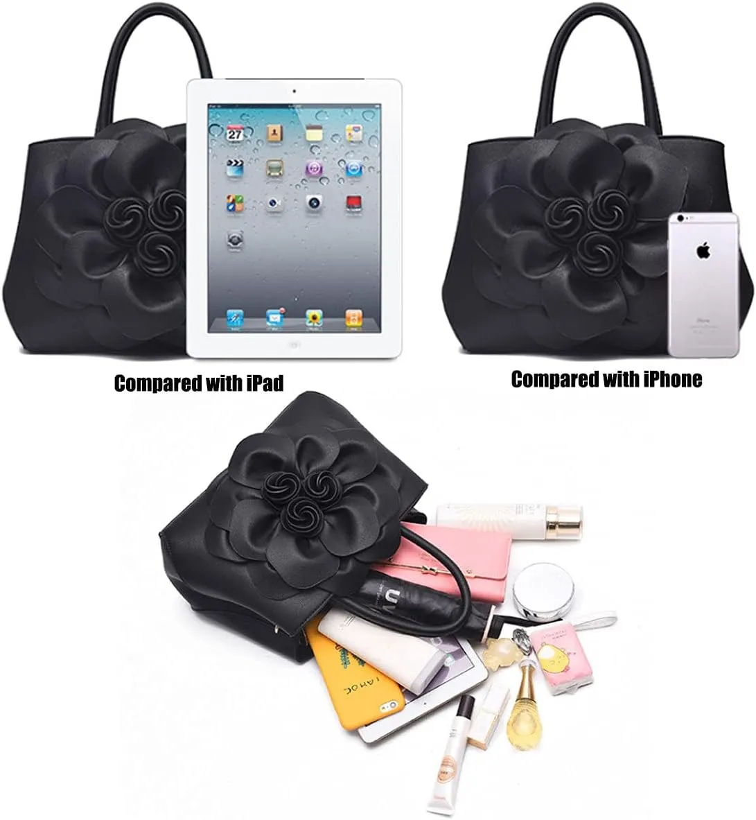 Womens PU Leather Handbags Purses Top-handle Totes Satchel Shoulder Bag for Ladies with Big flower
