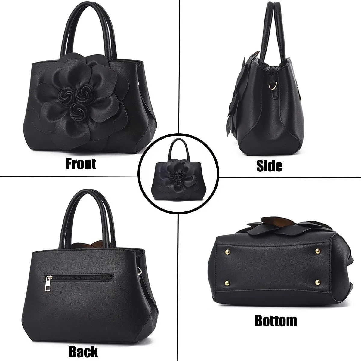 Womens PU Leather Handbags Purses Top-handle Totes Satchel Shoulder Bag for Ladies with Big flower