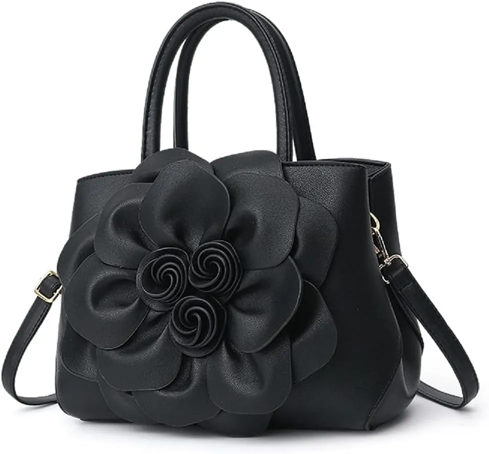 Womens PU Leather Handbags Purses Top-handle Totes Satchel Shoulder Bag for Ladies with Big flower