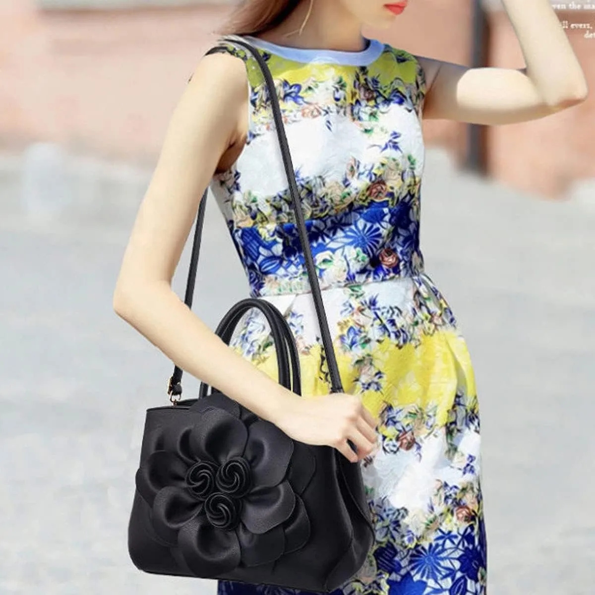 Womens PU Leather Handbags Purses Top-handle Totes Satchel Shoulder Bag for Ladies with Big flower