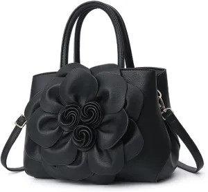 Womens PU Leather Handbags Purses Top-handle Totes Satchel Shoulder Bag for Ladies with Big flower