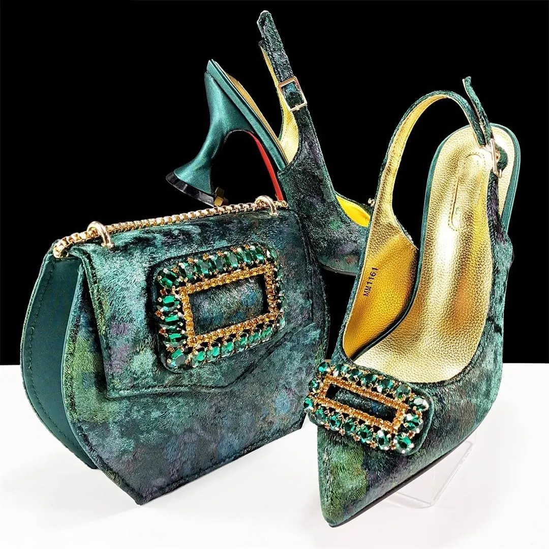 WomenS Rhinestone-Encrusted High Heels and Matching Bag Set with Crystal Decorations for Elegant Parties