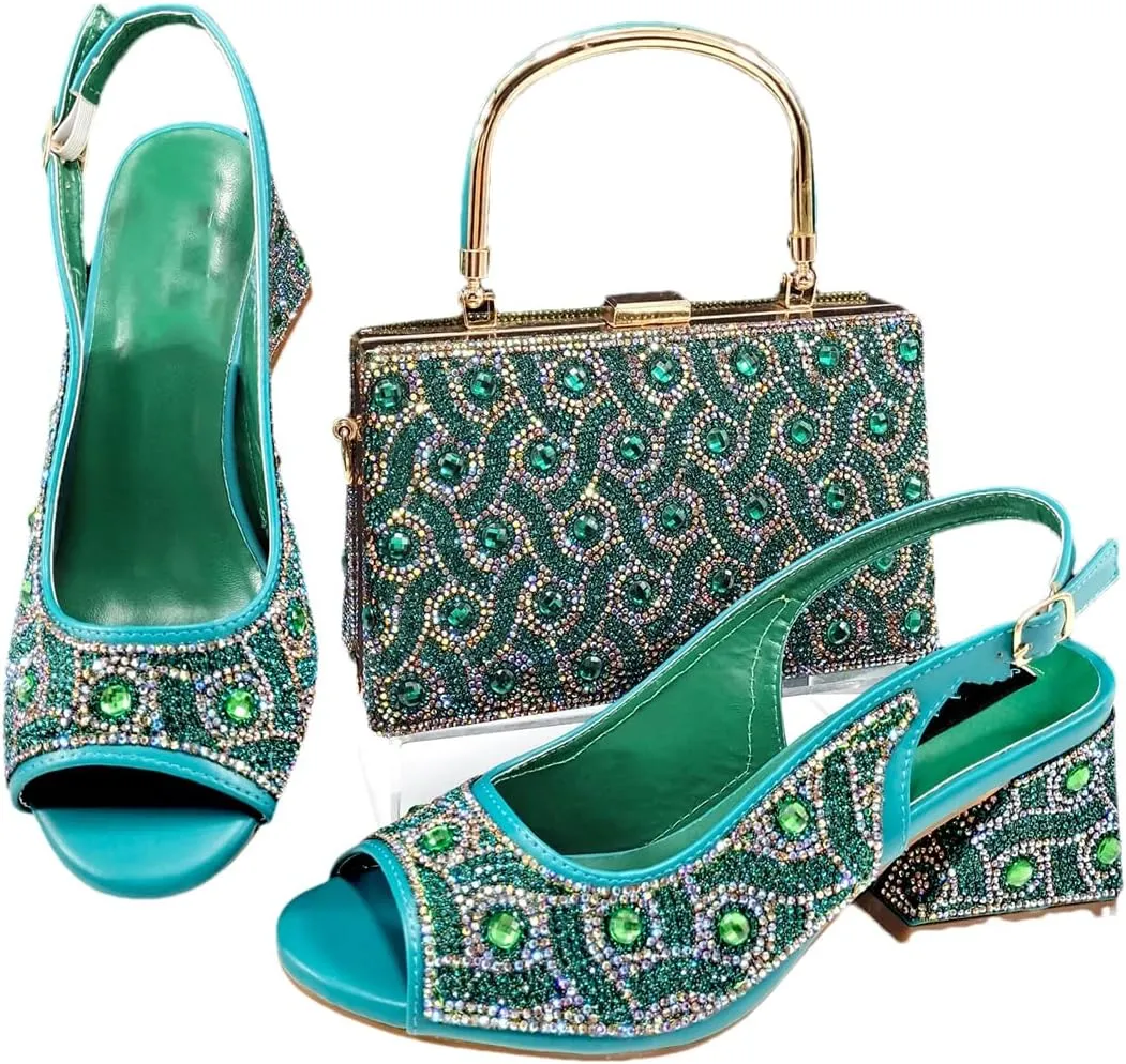WomenS Rhinestone Open Toe High Heels and Matching Bag Set with Strange Heel Design for Party