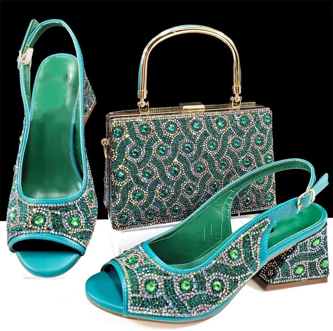 WomenS Rhinestone Open Toe High Heels and Matching Bag Set with Strange Heel Design for Party
