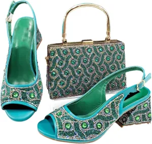 WomenS Rhinestone Open Toe High Heels and Matching Bag Set with Strange Heel Design for Party