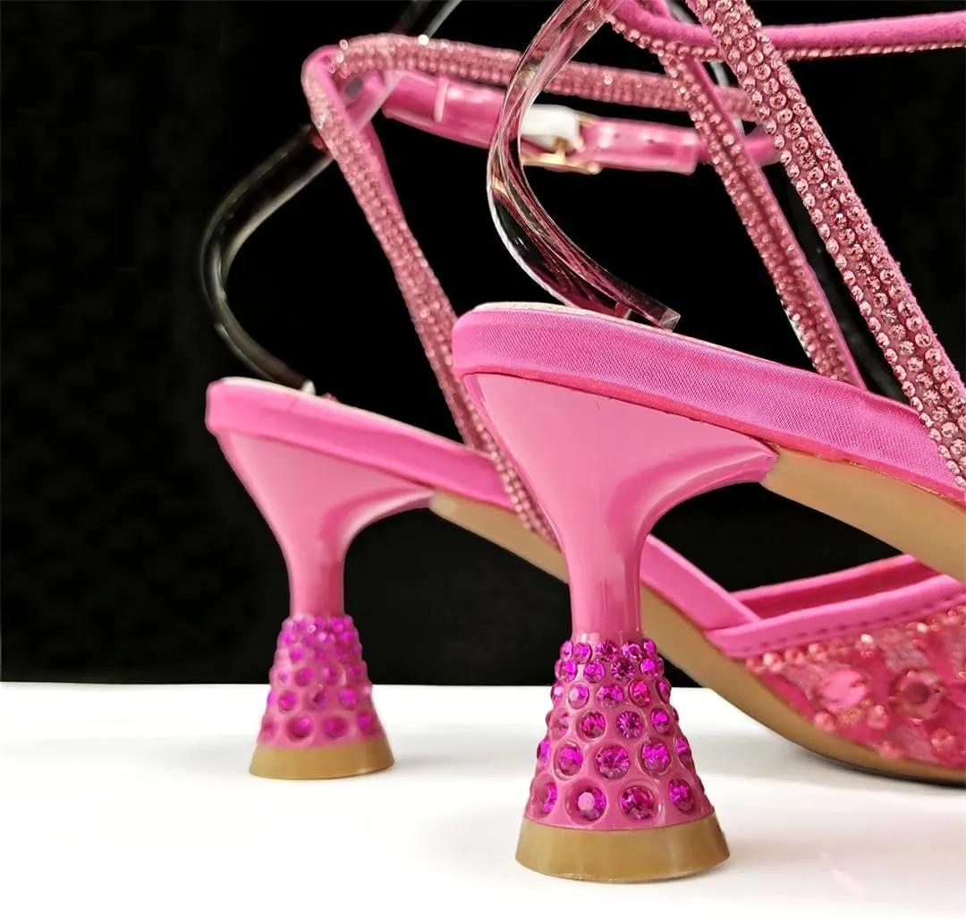 WomenS Shiny Purple Lace Pumps and Elegant Bag Set with Rhinestone Decoration for Party Comfortable Ankle Strap Heels