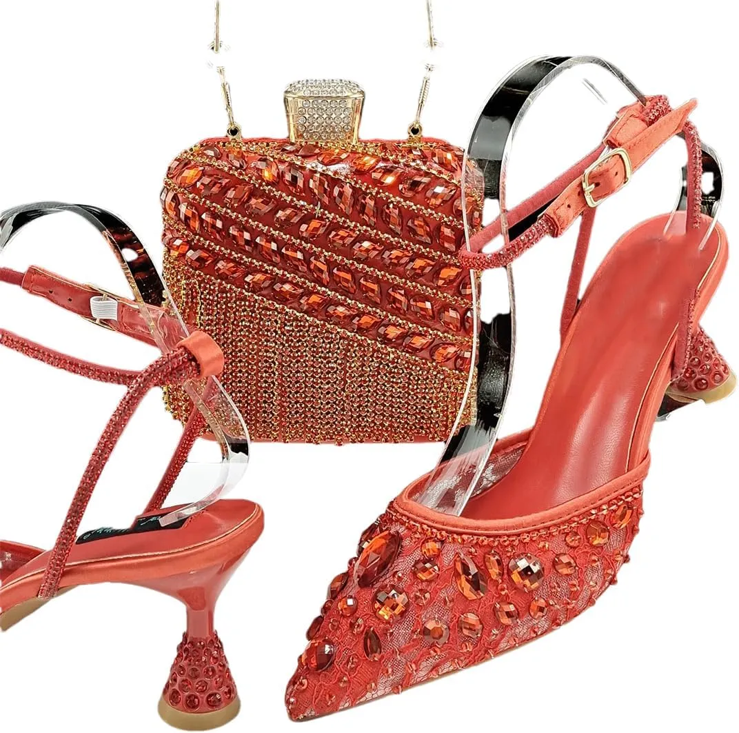 WomenS Shiny Purple Lace Pumps and Elegant Bag Set with Rhinestone Decoration for Party Comfortable Ankle Strap Heels