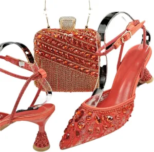 WomenS Shiny Purple Lace Pumps and Elegant Bag Set with Rhinestone Decoration for Party Comfortable Ankle Strap Heels