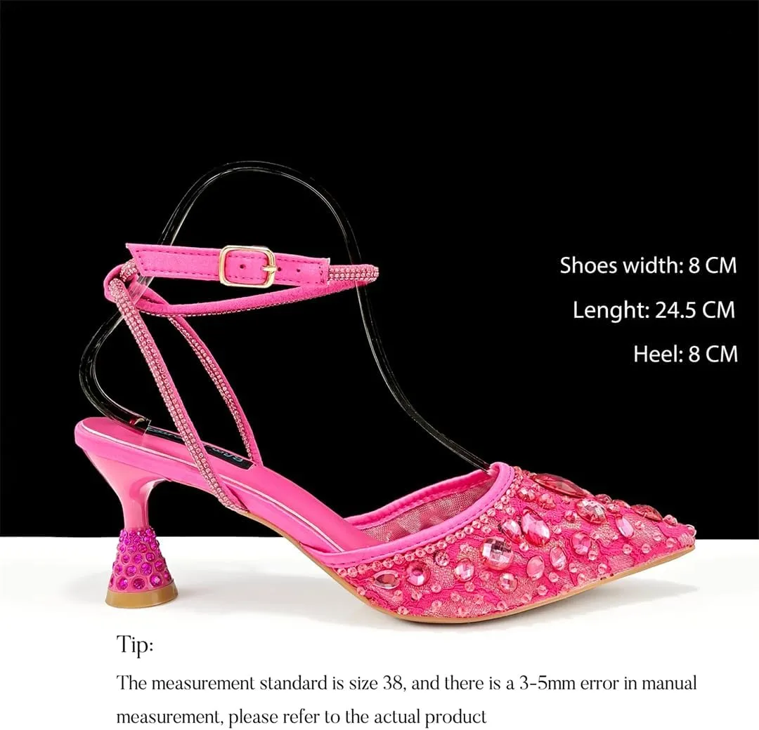 WomenS Shiny Purple Lace Pumps and Elegant Bag Set with Rhinestone Decoration for Party Comfortable Ankle Strap Heels