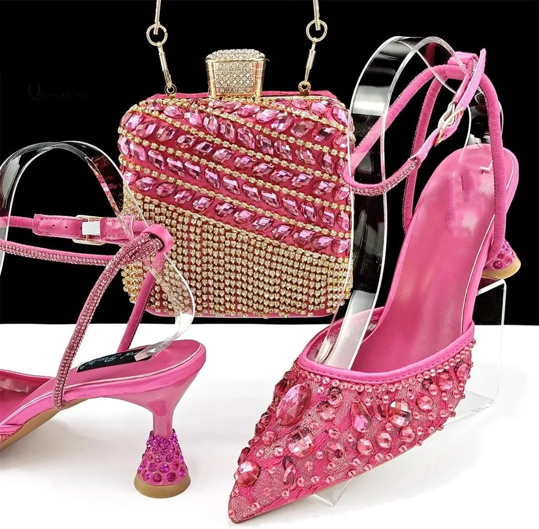 WomenS Shiny Purple Lace Pumps and Elegant Bag Set with Rhinestone Decoration for Party Comfortable Ankle Strap Heels