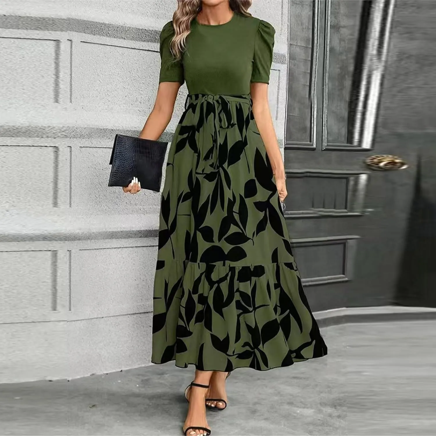 Womens Short Sleeve Maxi Dresses Casual Summer Floral Printed Dress Crewneck Flowy Midi Dress Work Dresses with Belt