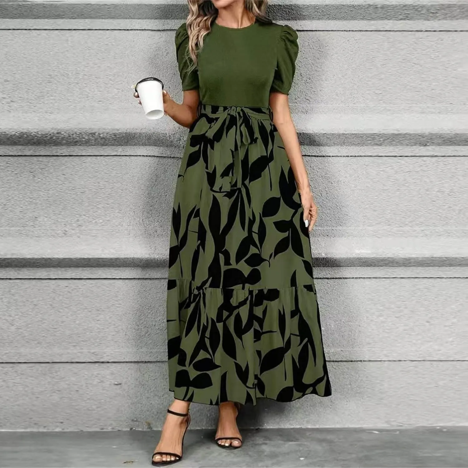 Womens Short Sleeve Maxi Dresses Casual Summer Floral Printed Dress Crewneck Flowy Midi Dress Work Dresses with Belt