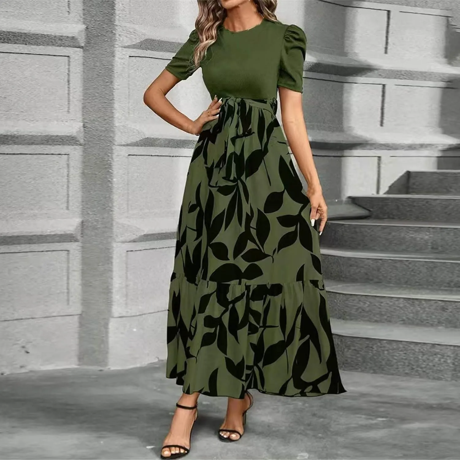 Womens Short Sleeve Maxi Dresses Casual Summer Floral Printed Dress Crewneck Flowy Midi Dress Work Dresses with Belt
