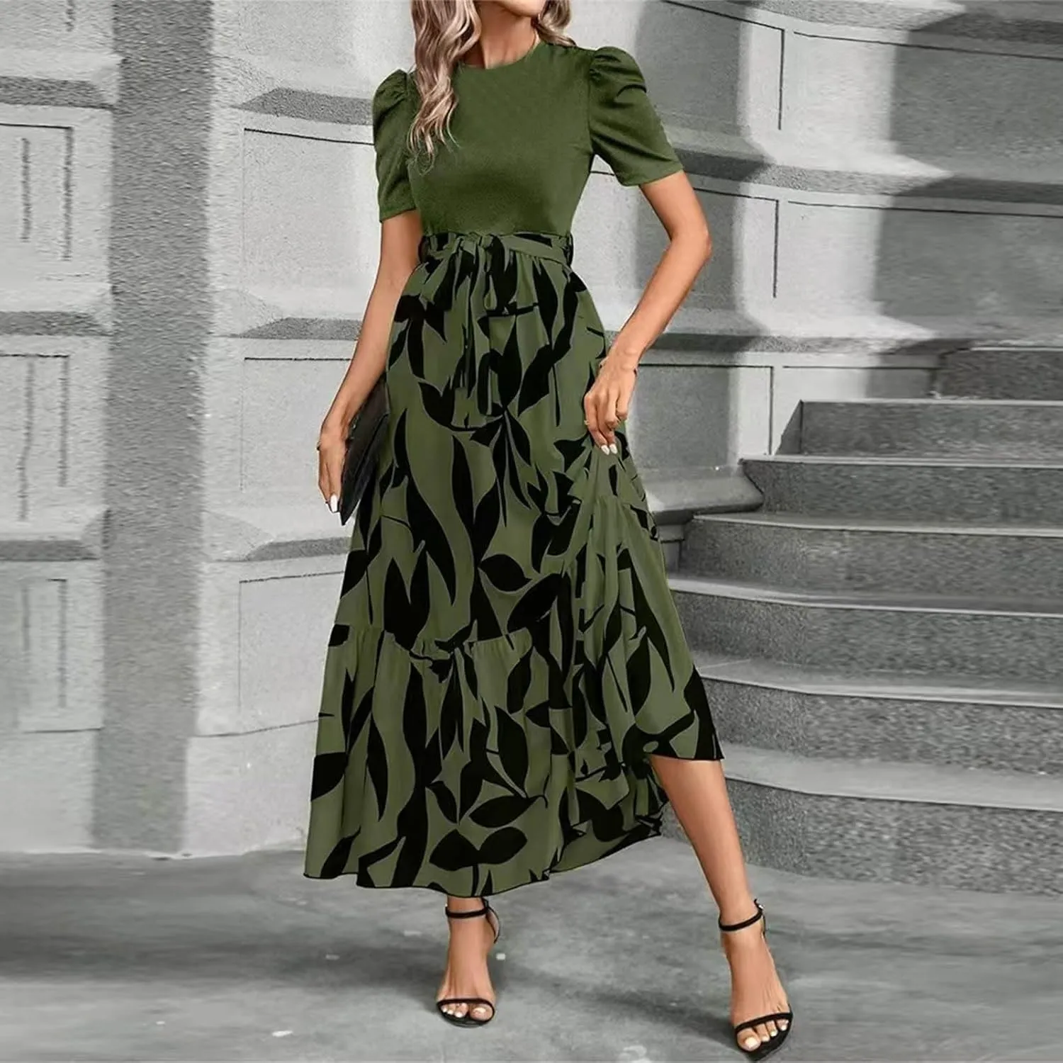 Womens Short Sleeve Maxi Dresses Casual Summer Floral Printed Dress Crewneck Flowy Midi Dress Work Dresses with Belt