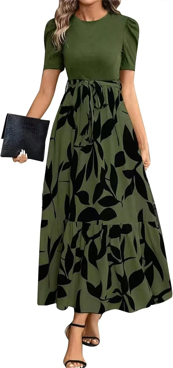 Womens Short Sleeve Maxi Dresses Casual Summer Floral Printed Dress Crewneck Flowy Midi Dress Work Dresses with Belt