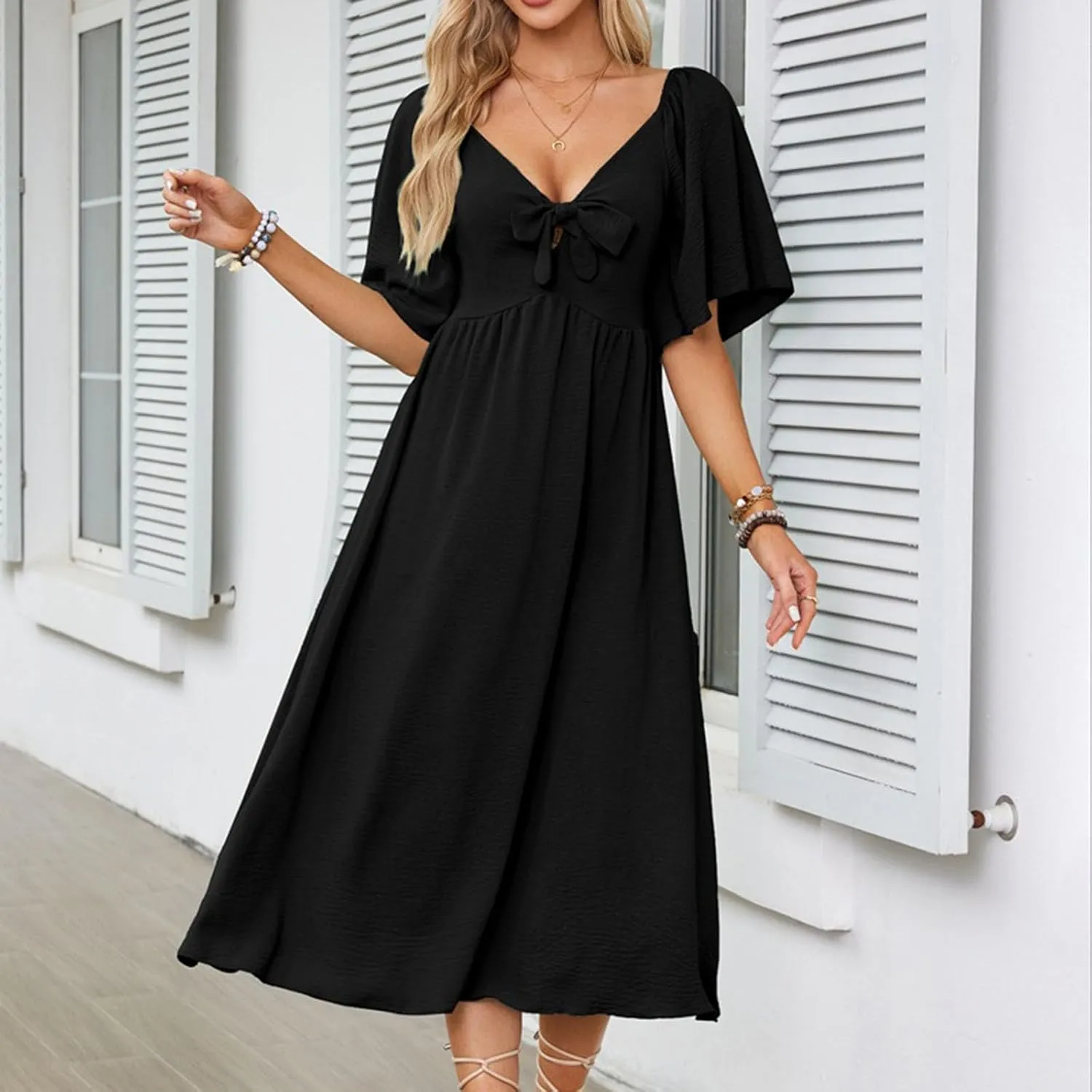 Womens Short Sleeve Sexy V Neck Tie Front Dress Boho A-Line Flowy Midi Sun Dresses Summer Fashion Smocked Dress