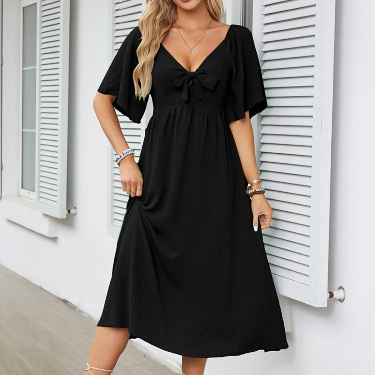 Womens Short Sleeve Sexy V Neck Tie Front Dress Boho A-Line Flowy Midi Sun Dresses Summer Fashion Smocked Dress