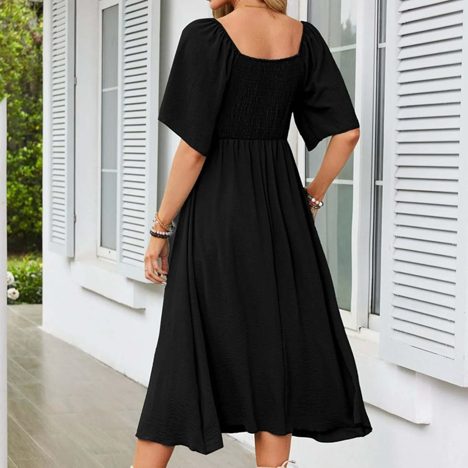 Womens Short Sleeve Sexy V Neck Tie Front Dress Boho A-Line Flowy Midi Sun Dresses Summer Fashion Smocked Dress