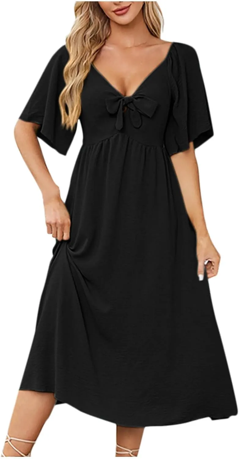 Womens Short Sleeve Sexy V Neck Tie Front Dress Boho A-Line Flowy Midi Sun Dresses Summer Fashion Smocked Dress