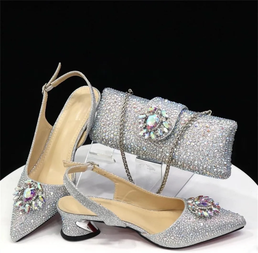WomenS Silver Stone Pumps and Bag Set with Medium Heels and Crystal Embellishments for Parties