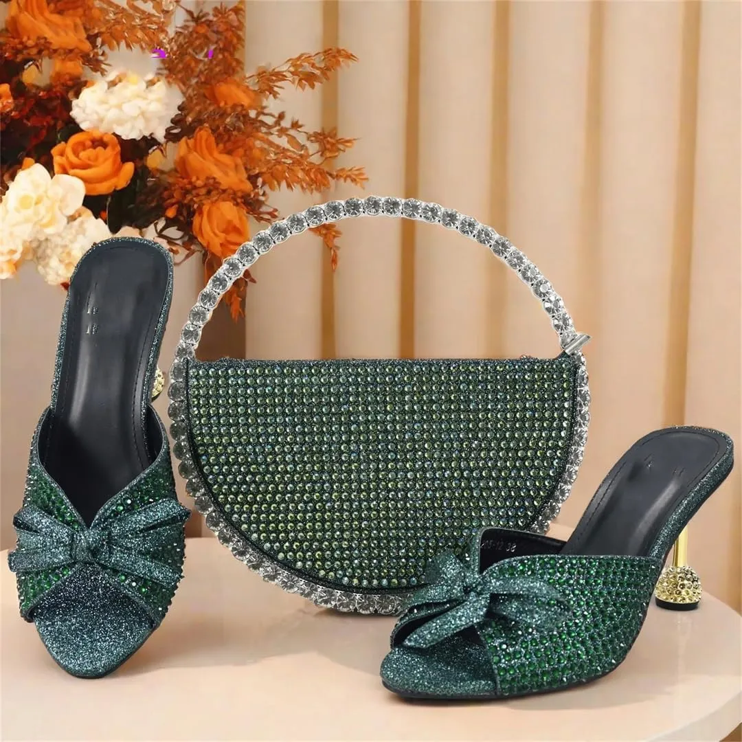 WomenS Special Design Shinning Crystal Party Shoes and Evening Bag Set High Heel Slip-On Peep Toe Slingbacks