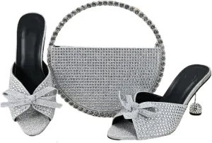WomenS Special Design Shinning Crystal Party Shoes and Evening Bag Set High Heel Slip-On Peep Toe Slingbacks