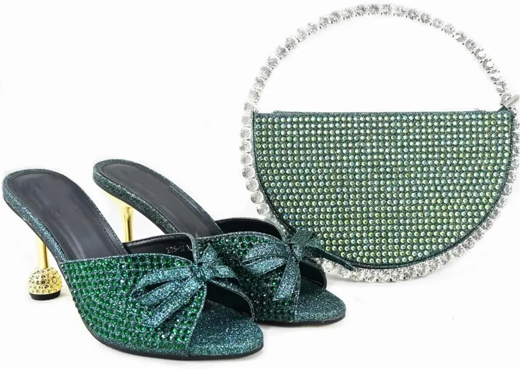 WomenS Special Design Shinning Crystal Party Shoes and Evening Bag Set High Heel Slip-On Peep Toe Slingbacks