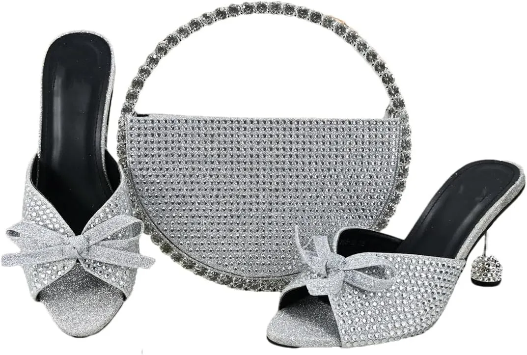WomenS Special Design Shinning Crystal Party Shoes and Evening Bag Set High Heel Slip-On Peep Toe Slingbacks