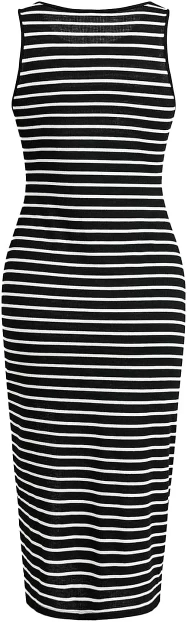 Women's Striped Twist Front Split Thight Tank Dress Crewneck Sleeveless Midi Dress Knit Casual Summer Bodycon Dress