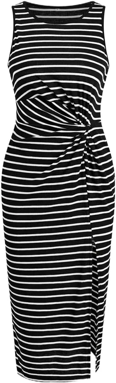 Women's Striped Twist Front Split Thight Tank Dress Crewneck Sleeveless Midi Dress Knit Casual Summer Bodycon Dress