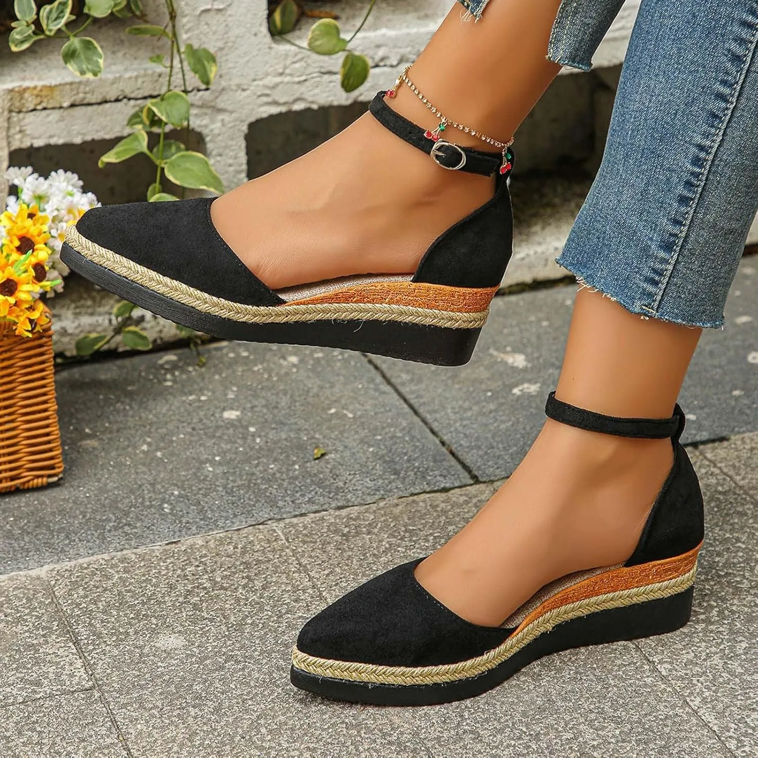 Women's Suede Wedge Sandals Closed Toe Platform Espadrilles Casual Comfortable Summer Beach Shoes with Ankle